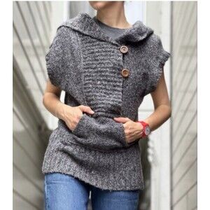 Free People Small Hooded Sweater Tunic Cap Sleeves Wool Blend Chunky Knit Pocket
